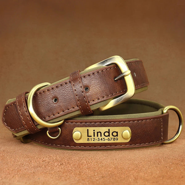 Collar de perro de cuero sintético personalizado con placa de identificación DS