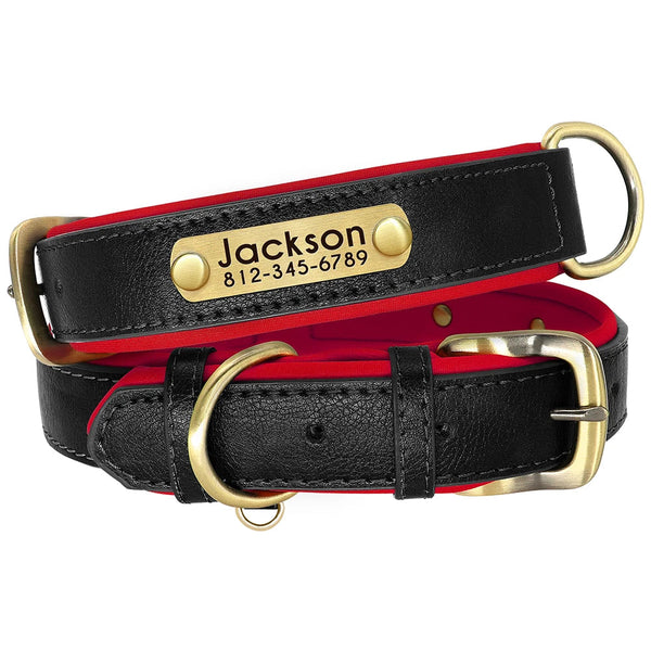 Collar de perro de cuero sintético personalizado con placa de identificación DS